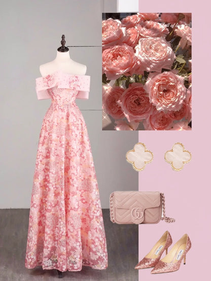 Robe de bal longue rose à sequins, élégante, coupe trapèze, épaules dénudées, pour adolescentes - Tenue de soirée formelle N1079