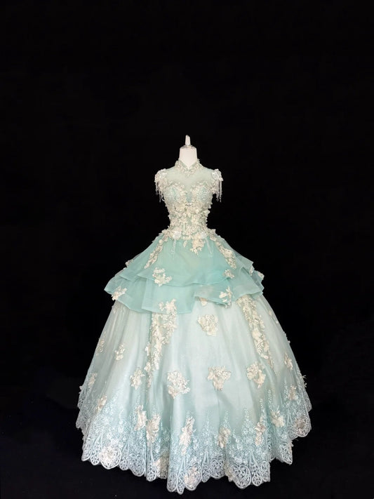 Sweet 16 Dresses Long Ball Gown Sweet Sixteen Long Birthday Dress High Neck Mint Green Tulle Formal Gown RC0281