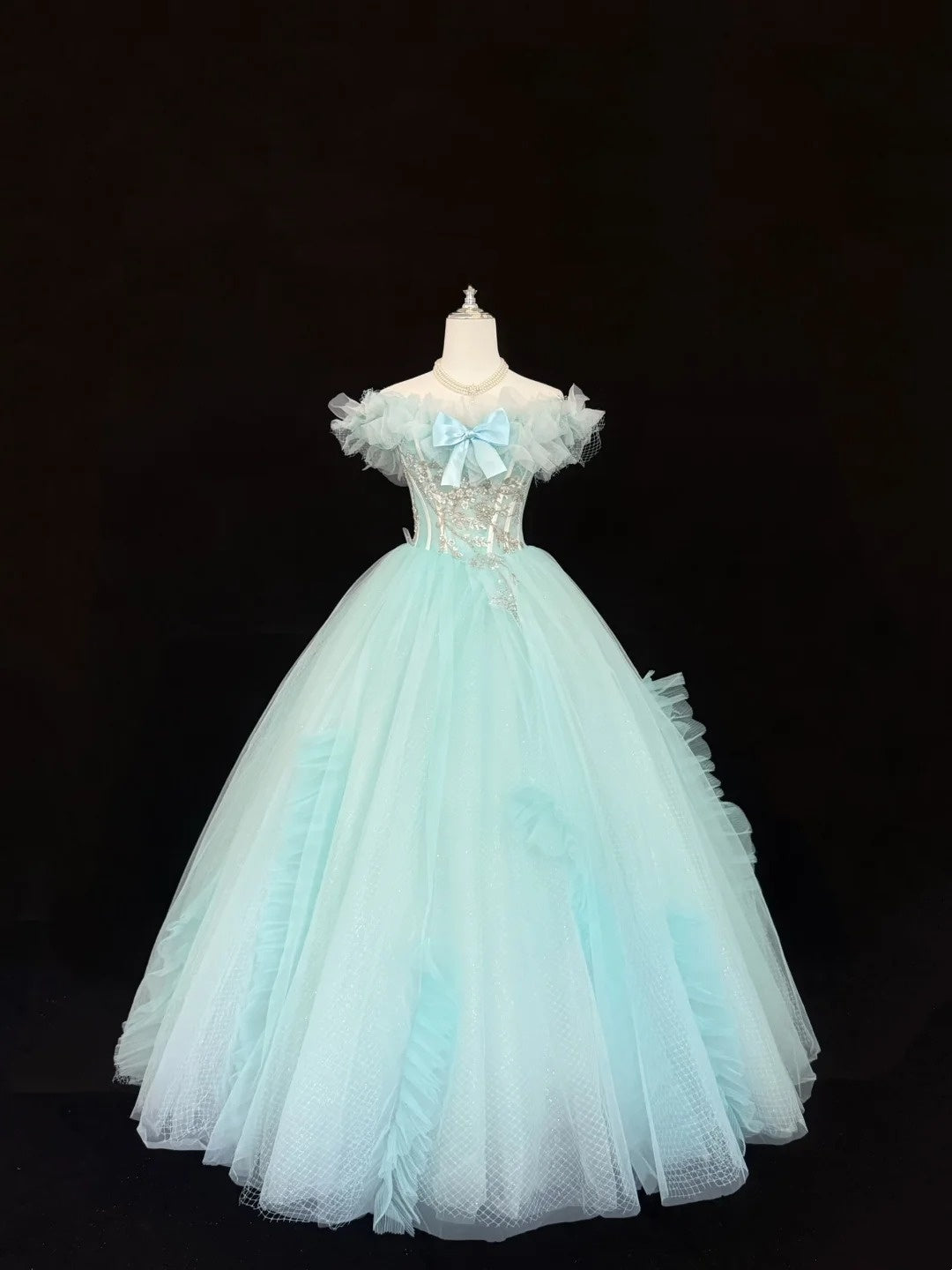 Blue Sweet 16 Dresses Long Ball Gown Off Shoulder Tulle Formal Sweet Sixteen Birthday Gown RC0238
