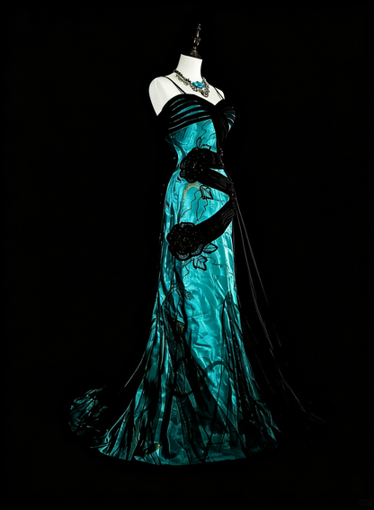 Robe de bal longue vintage années 1960, sirène, bretelles spaghetti, tulle noir, satin vert, sans manches, N1585