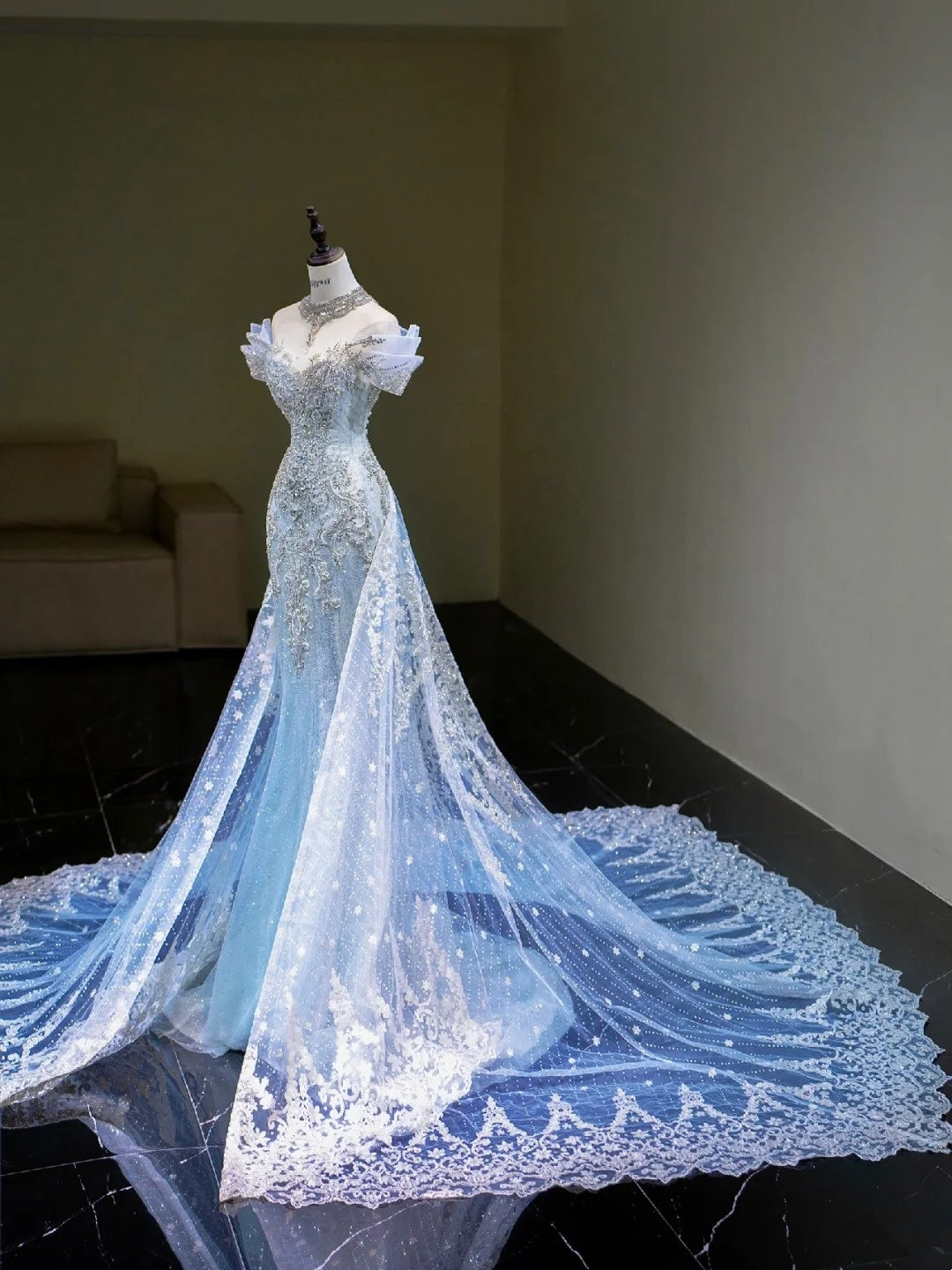 Traumhaftes Meerjungfrauen-Abendkleid mit schulterfreiem Ausschnitt, Pailletten, blau, lang, Inspiration für Partys und Balls RB1667