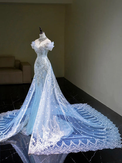 Traumhaftes Meerjungfrauen-Abendkleid mit schulterfreiem Ausschnitt, Pailletten, blau, lang, Inspiration für Partys und Balls RB1667