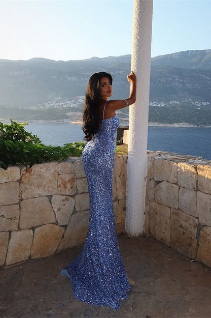 Robe de bal sirène à fines bretelles et sequins bleu acier éblouissant, sans manches, fendue sur le côté, disponible en ligne AB1665