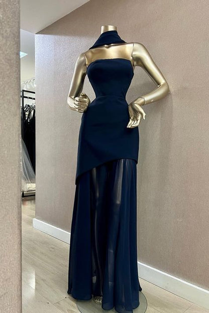 Elegantes, trägerloses Meerjungfrauenkleid in Marineblau mit Schal – langes, formelles Winterkleid für Abschlussball, Abendveranstaltung und Dinnerpartys für Damen (AB2024)