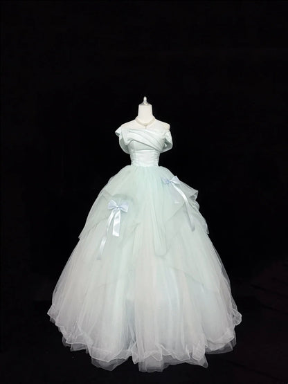 Tulle Prom Dress Long Floor Length Ball Gown Off Shoulder Mint Green With Bow-knot Formal Evening Gown For Women RC0248