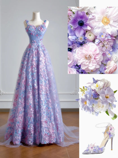 Robe de bal longue de soirée à bretelles spaghetti, coupe princesse, en tulle lilas fleuri, avec foulard intégré, référence N347