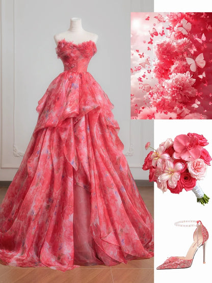 Robe de bal romantique rose à fleurs en mousseline, longue robe de soirée formelle, robe d'anniversaire formelle, robe de bal N727