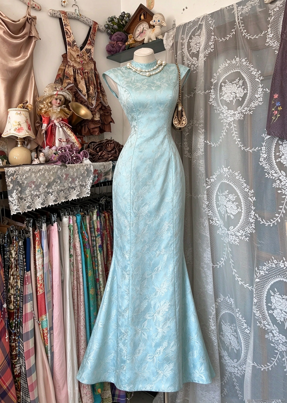 Prom Dresses Inspiration Mermaid High Neck Blue Satin Lace Long Formal Party Gown 8th Grade Dress RC1231