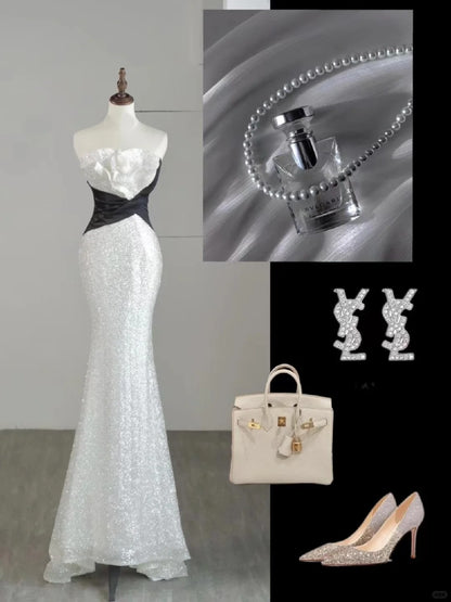 Magnifique robe de bal longue sirène bustier blanche à sequins - Inspiration tenue de soirée N236