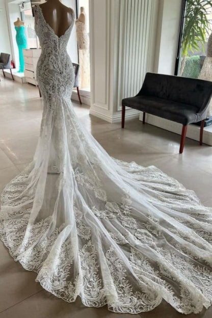 Meerjungfrauen-Hochzeitskleid aus Spitze mit herzförmigem V-Ausschnitt, langem Brautkleid mit Schleppe AB1708