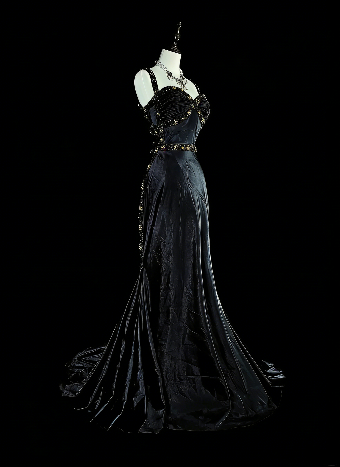 Vintage Meerjungfrauen-Abendkleid aus den 1960er Jahren, schwarz, ärmellos, mit herzförmigem Ausschnitt, Trägern, N1591