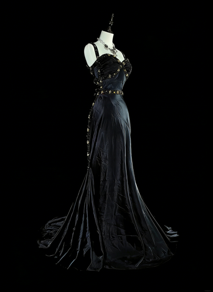 Vintage Meerjungfrauen-Abendkleid aus den 1960er Jahren, schwarz, ärmellos, mit herzförmigem Ausschnitt, Trägern, N1591
