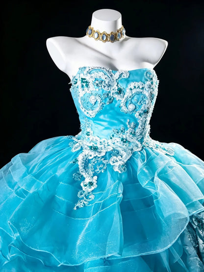 Süßes Ballkleid Sweetheart Blau Tüll mit Applikationen Quince Kleid Lang Sweet 15 16 Quinceanera Kleider Vestido de princesa RB4474