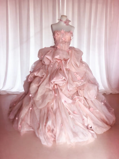 Robes de bal modestes Robe de bal bustier en tulle rose poudré avec fleurs Longue robe de Quinceañera N3047