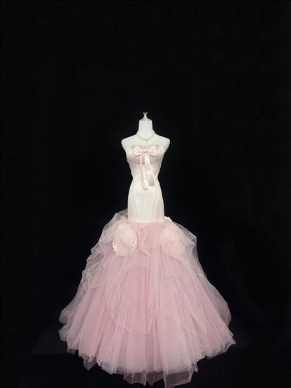 Prom Dress Long Floor Length Mermaid Strapless Tulle Pink With Flowers Formal Evening Gown For Women RC0322