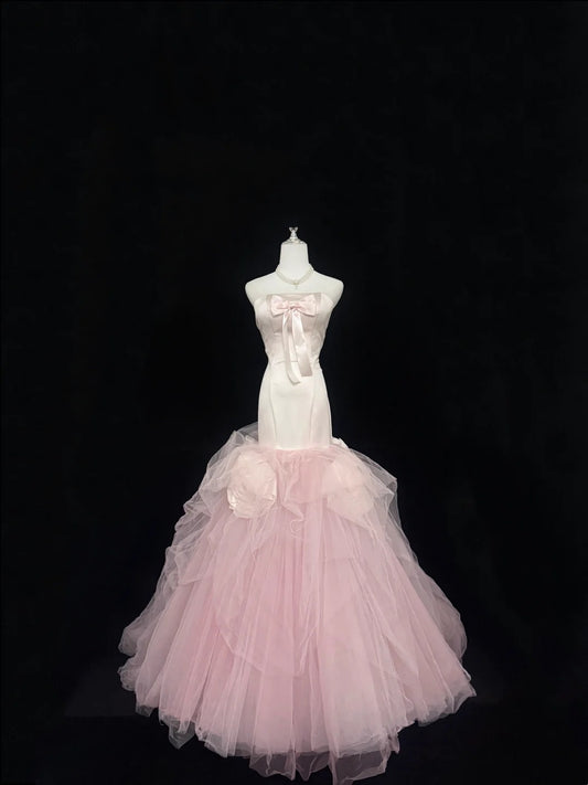 Prom Dress Long Floor Length Mermaid Strapless Tulle Pink With Flowers Formal Evening Gown For Women RC0322