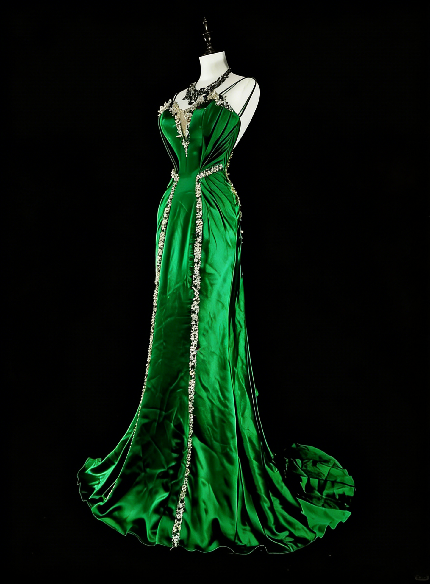 Robe longue vintage sirène à fines bretelles en satin vert dos nu, idéale pour une soirée de 18 ans ou un bal de promo (N1750)