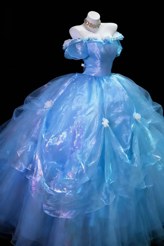 Märchenhafter Ballkleid Schulterfrei Blau Organza Quinceanera Kleid N2959