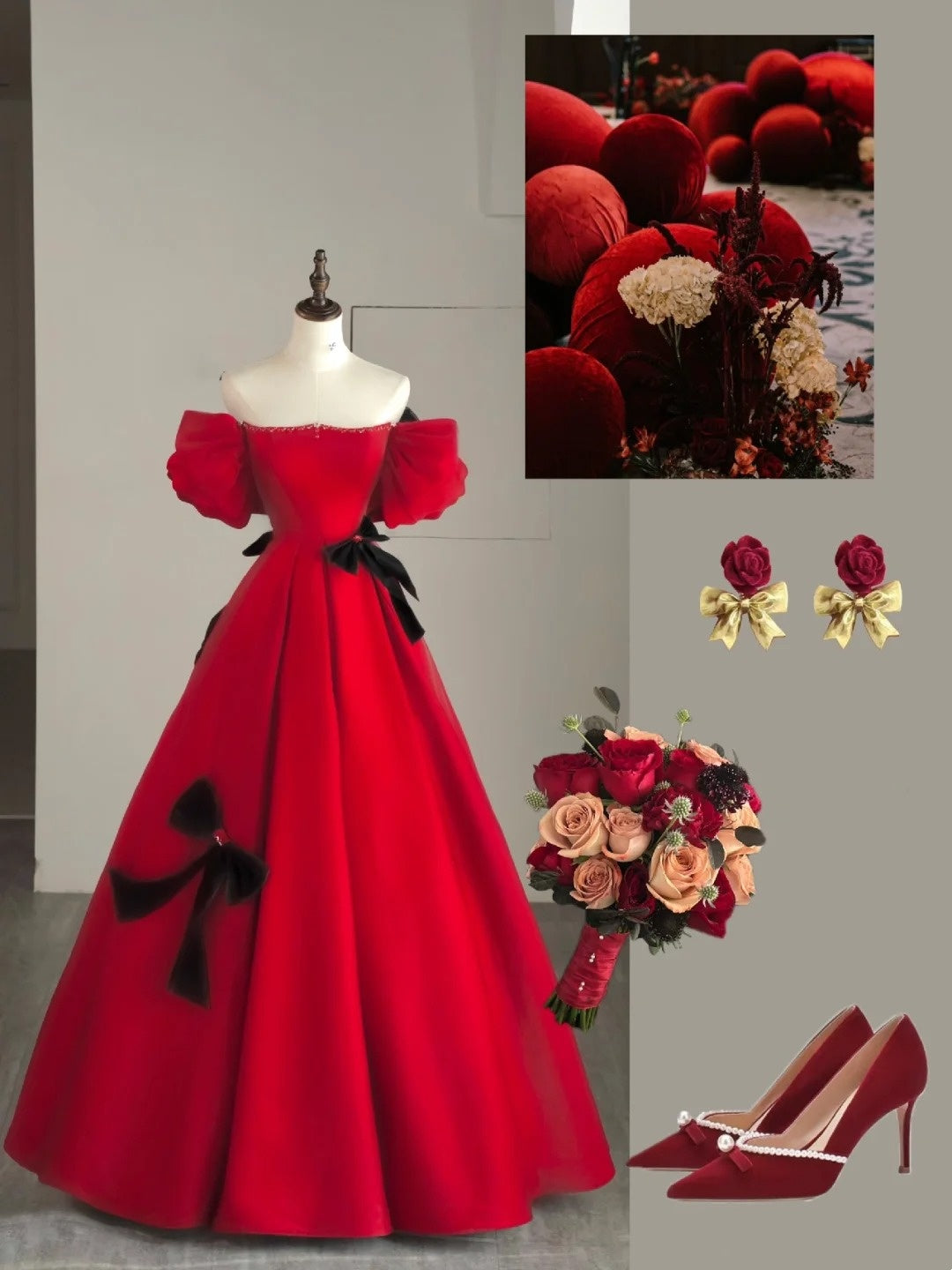 Robe de bal élégante et discrète, épaules dénudées, en satin rouge, idéale pour une soirée étudiante ou un bal de fin d'année (N1165).
