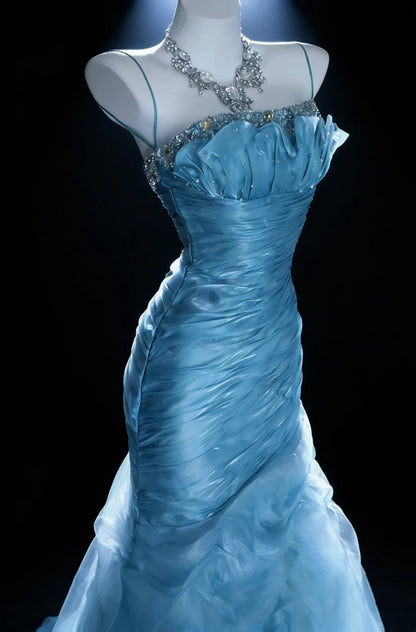 Pretty Prom Dresses Mermaid Spaghetti Strap Blue Organza With Beaded Bodice Long Formal Dress N3045