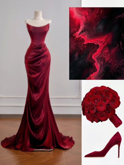 Robe de bal longue bordeaux sirène bustier à volants, idéale pour un 18e anniversaire (N396)