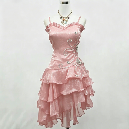 Robe de soirée courte à bretelles scintillante rose pailletée N3908