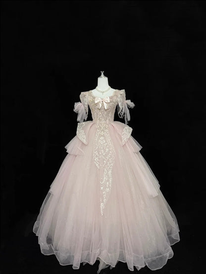Langes Ballkleid für Sweet 16, eckiger Ausschnitt, Pink mit Spitzenapplikationen, Geburtstagskleid für Sweet Sixteen RC0325