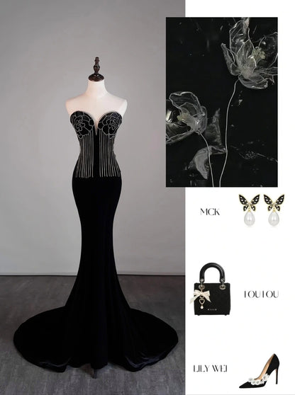 Robe de soirée sirène modeste en velours noir à décolleté cœur pour adolescentes, idéale pour le bal de fin d'année (N1178)