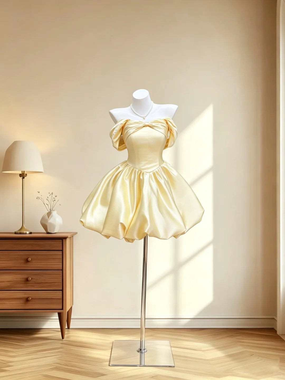 Schöne Outfit-Ideen für Teenager-Mädchen schulterfrei Inspo kurzes gelbes Ballkleid Geburtstagsoutfits Abschlussballkleid RB3062