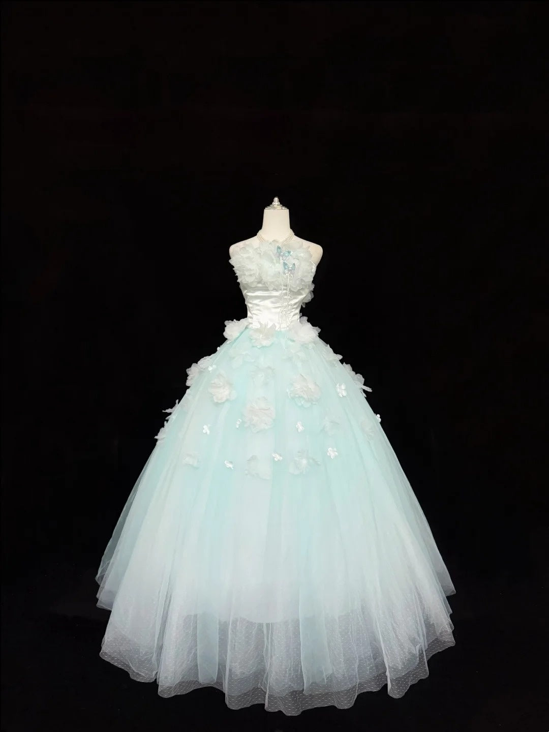 Cute Sweet 16 Dresses Long Ball Gown Strapless Blue With Flowers Tulle Formal Sweet Sixteen Birthday Gown RC0256
