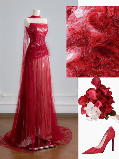 Robe de bal rouge bustier trapèze simple avec foulard, robe de soirée longue, robe de fête d'anniversaire N376