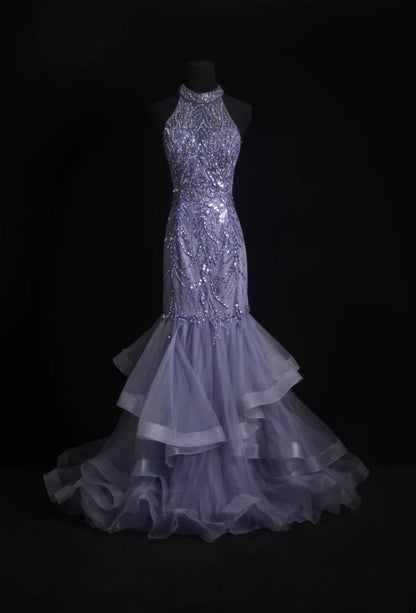 Vintage Prom Dresses 1960s Mermaid High Neck Purple Tulle Floor Length Sleeveless Evening Formal Outfits RB4931