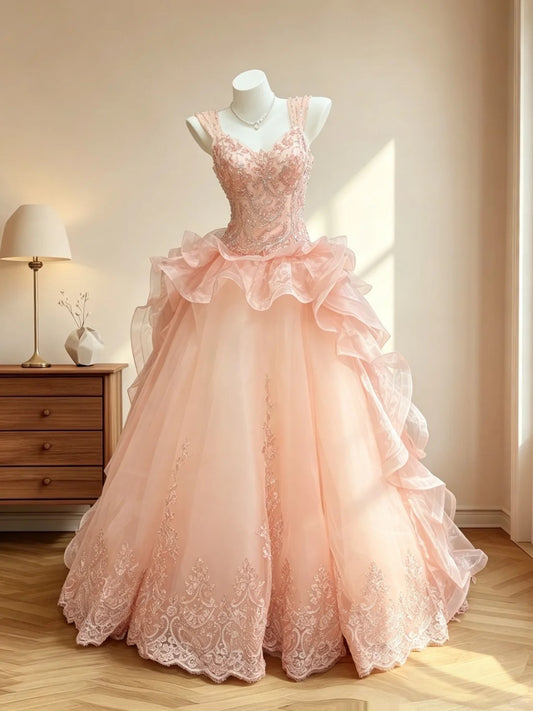 Charming Ball Gown Sweetheart Pink Tulle With Appliqued Long Sleeveless Evening Formal Dress RB3071