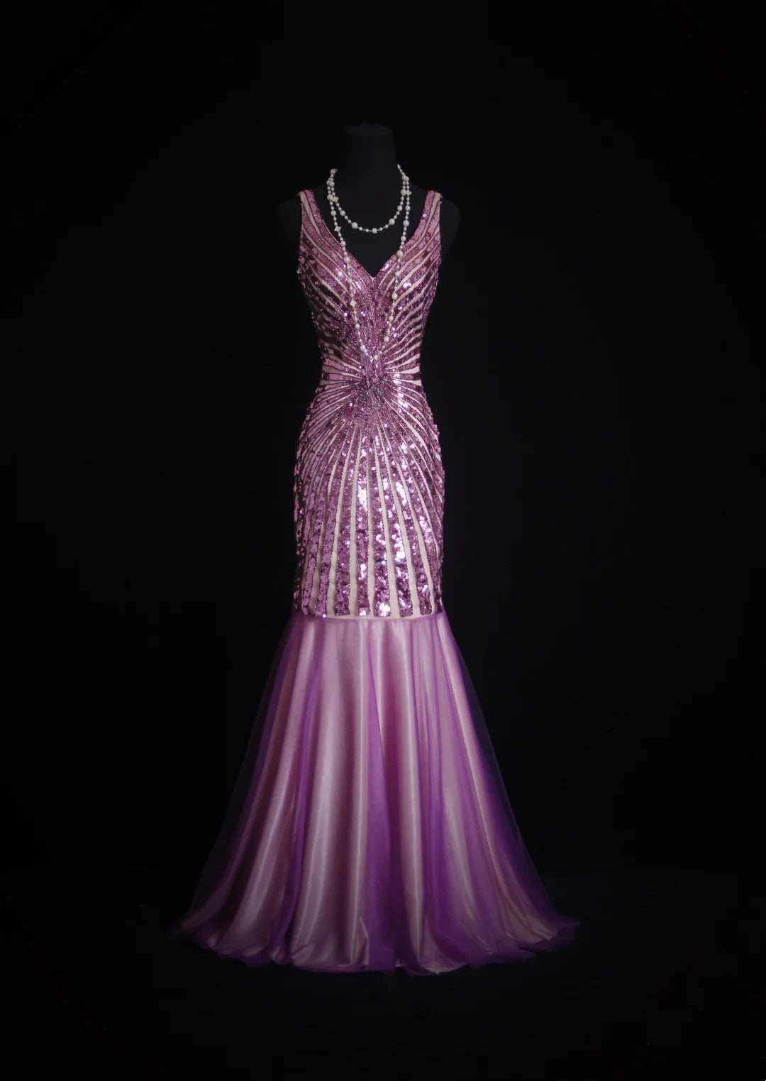 Robes de bal vintage Esthétique Années 80 Rétro Sirène Col en V Lilas Paillettes Robes de soirée longues N2330