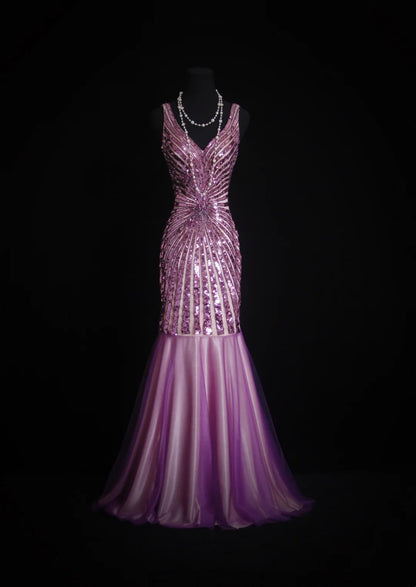 Robes de bal vintage Esthétique Années 80 Rétro Sirène Col en V Lilas Paillettes Robes de soirée longues N2330