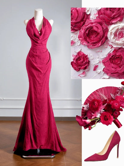 Robe de bal longue fuchsia sirène flatteuse à col halter, idéale pour les soirées formelles et les fêtes d'anniversaire (N384)