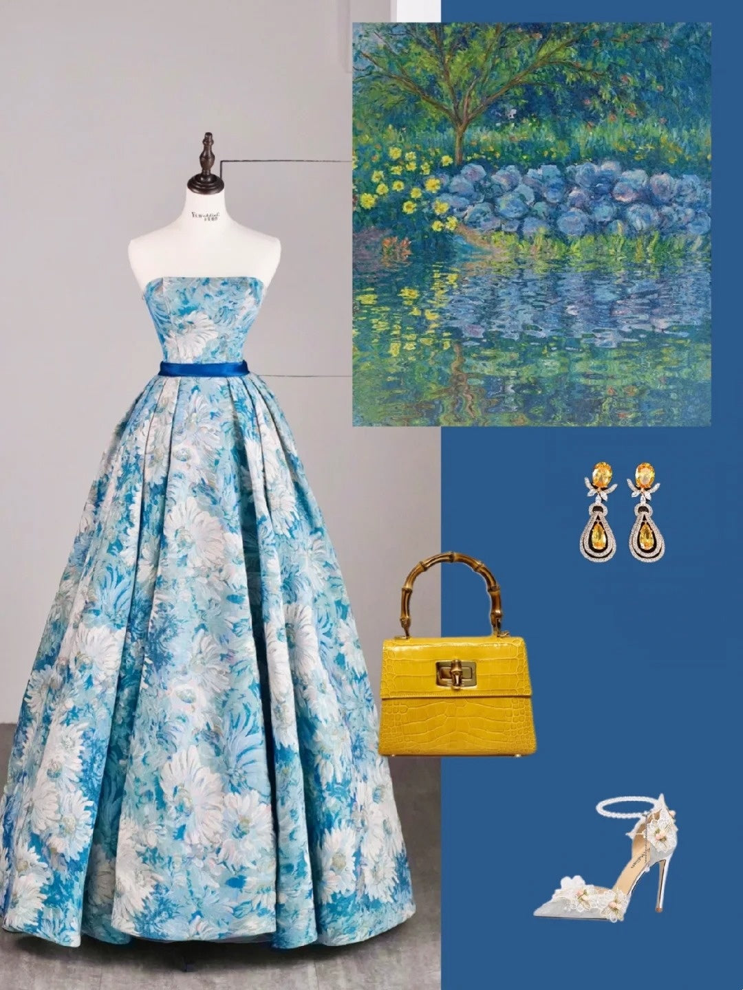 Wunderschönes, trägerloses, langes Ballkleid aus blauem Satin mit Blumenmuster – Inspiration für formelle Anlässe und Abendgarderobe N241