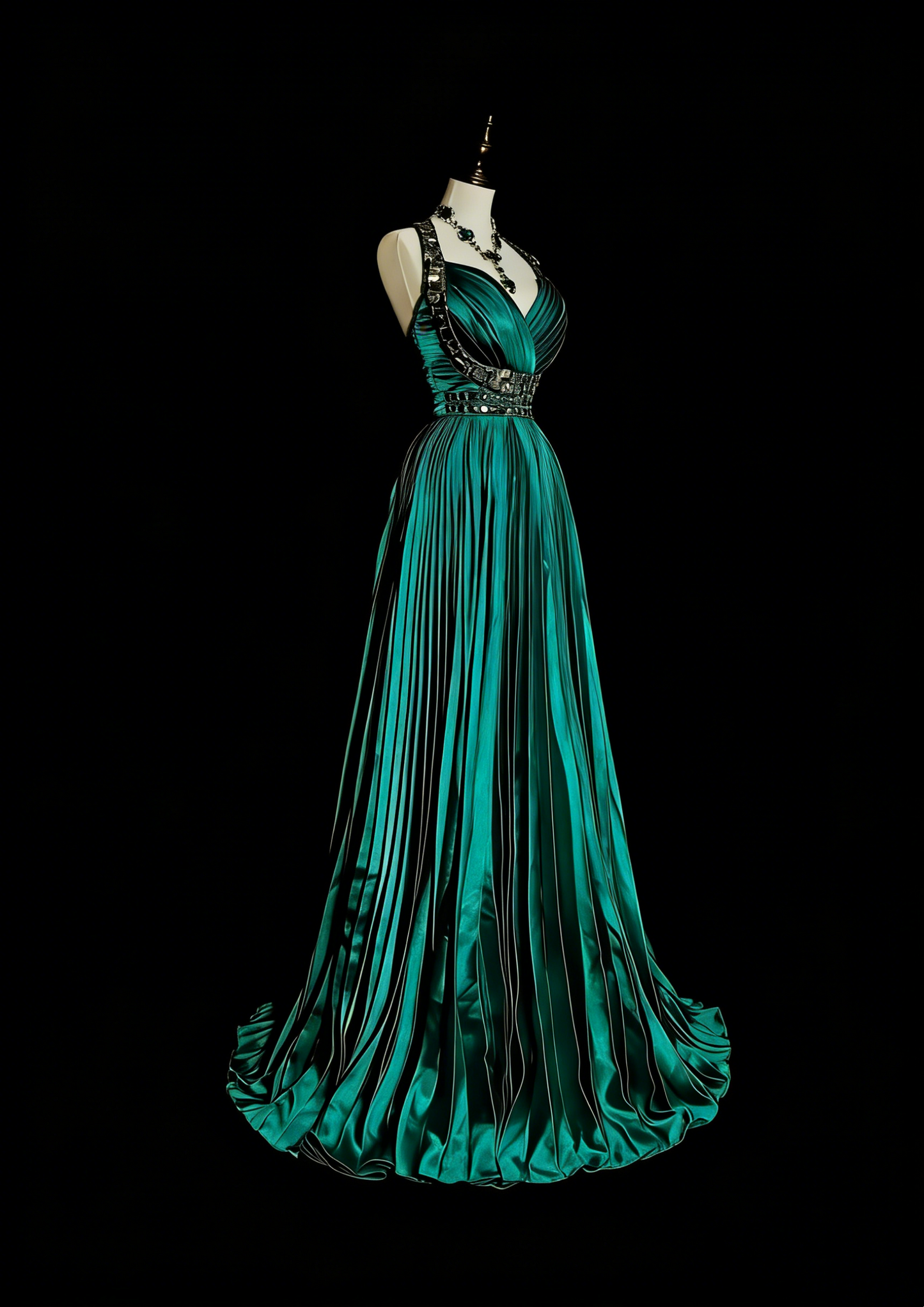 Robe de bal vintage années 70, coupe trapèze, dos nu, en satin vert à volants et perles, sans manches, longue, N1479