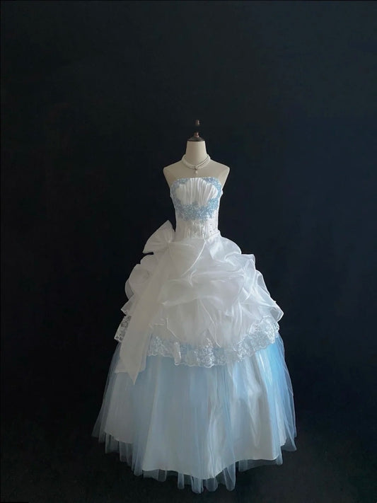 Sweet 15 Quinceanera Dress Ball Gown Strapless Blue With Lace Appliques Tiered 15th Birthday Gown RC0232