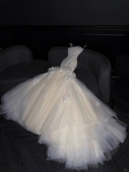 Dreamy Mermaid Strapless Tulle White With Flowers Brides Gown Bridal Dress Style Long Wedding Dresses RB6667