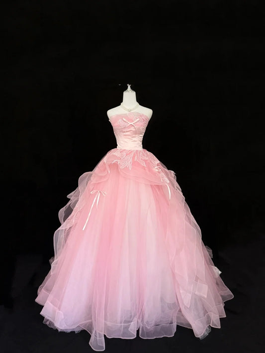 Sweet 16 Dresses Long Ball Gown Sweet Sixteen Long Birthday Dress Strapless Appliqued Pink Formal Gown RC0301