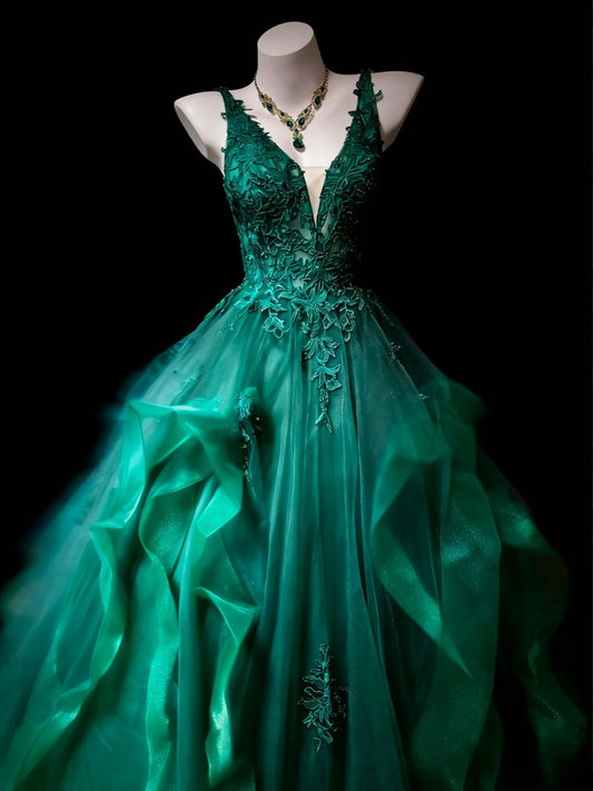 Bescheidene Ballkleider für den Abschlussball, V-Ausschnitt, dunkelgrüner Tüll mit appliziertem langen Quinceañera-Kleid N3057
