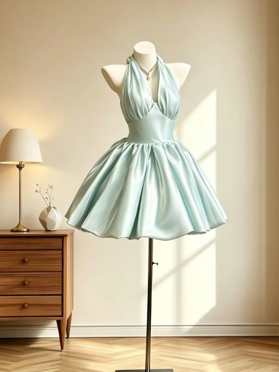 Edles Ballkleid Neckholder Mintgrün Satin Mini Senior Inspo Kurze Party Formelle Abschlussballkleider RB3064