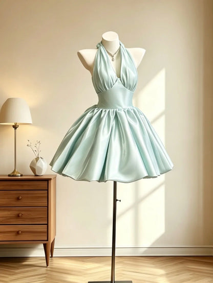 Edles Ballkleid Neckholder Mintgrün Satin Mini Senior Inspo Kurze Party Formelle Abschlussballkleider RB3064