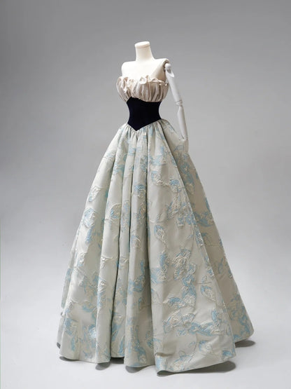 Modest Ball Gown Strapless Floral Blue Satin Long Evening Prom Dresses Floor Length Evening Formal Dress N273
