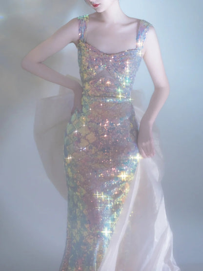 Robe de bal longue sirène à paillettes et décolleté en V, bretelles ornées de sequins, inspiration tenue de soirée N229