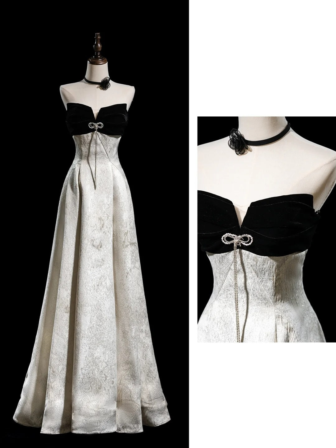 Robe de soirée longue en satin fleuri, coupe trapèze, sans bretelles, style modeste, référence N274