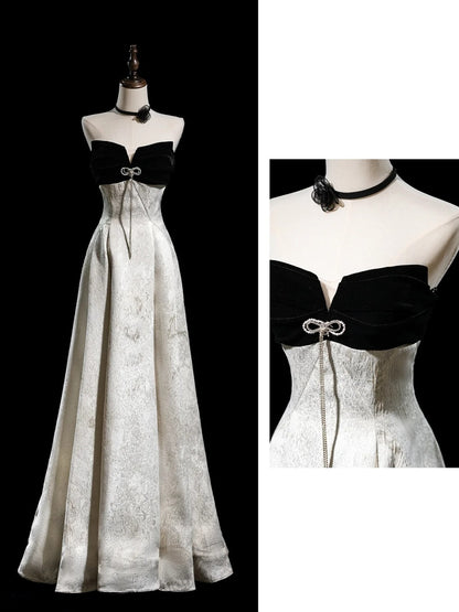 Robe de soirée longue en satin fleuri, coupe trapèze, sans bretelles, style modeste, référence N274