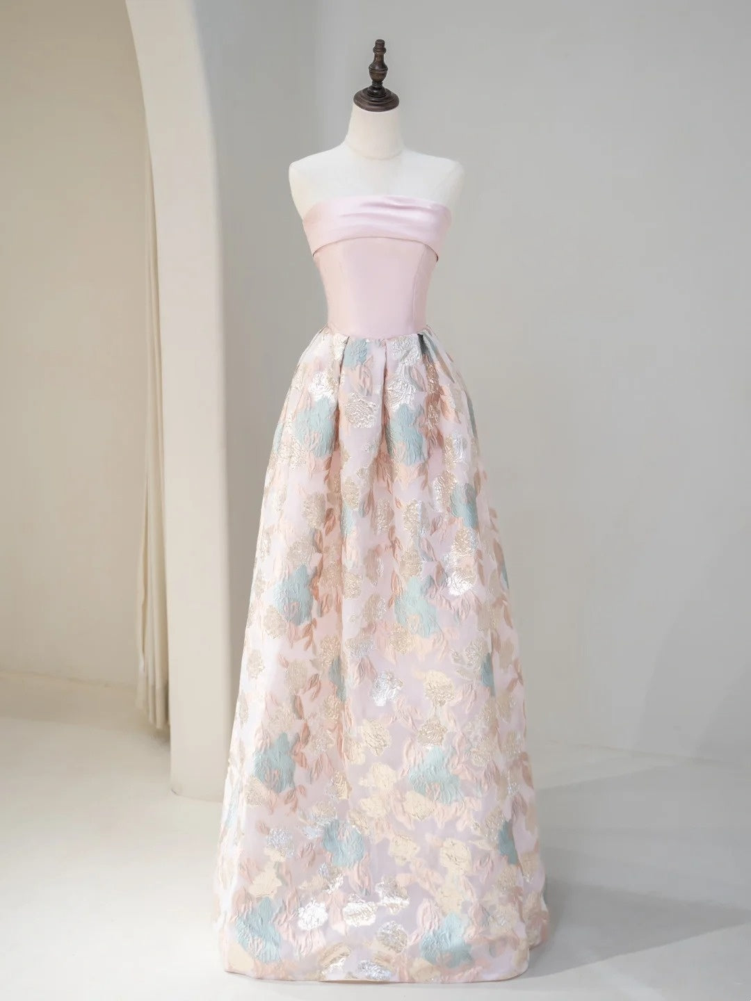 Classy Ball Gown Strapless Pink Floral Satin Prom Dresses Long Party Dress 18th Birthday Outfit Graduation Dress RB1037