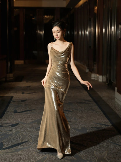 Robe de bal longue sirène à paillettes et col asymétrique, style champagne, inspiration tenue de soirée N232